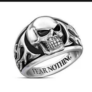 Skull Ring Fear Nothing Biker Flaming Skull